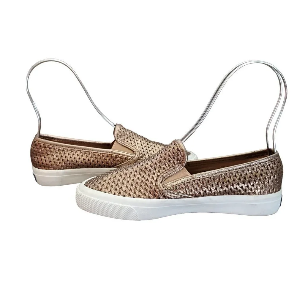 ❤️403 Sperry Seaside Perforated Platinum Metallic Gold Slip-On Sneaker